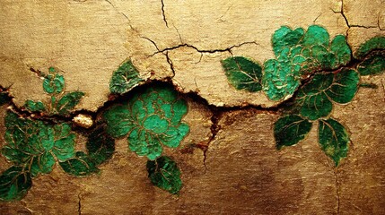 faded wallpaper with a gold floral print, large patches of greenish mold creeping along the seams, captured under warm morning light to emphasize the nostalgic ambiance faded wallpaper, gold 