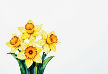 Fototapeta premium Vibrant Illustration of Five Yellow Daffodils Against a Minimalist Backdrop Showcasing Bright Petals and Green Leaves