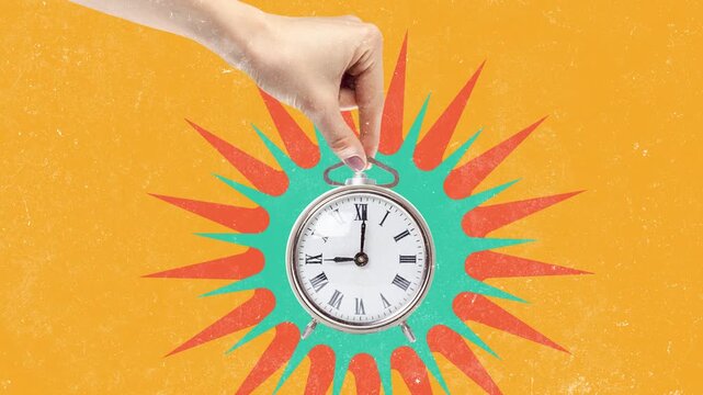 Hand holds clock above explosion graphic with bright colors showing urgency and excitement in time management