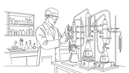 Continuous black outline art of chemical engineer adjusting distillation apparatus in laboratory setup, scientific experiment illustration