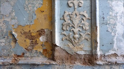 Naklejka premium distressed floral wallpaper with dramatic peeling at the edges and dark mold patches forming intricate patterns in moist zones, ideal for horror, thriller, or gothic environments distressed 