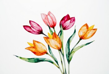 Obraz premium Vibrant Watercolor Tulips in Bloom Showcasing a Diverse Palette of Orange, Pink, and Yellow Hues on a Minimalistic White Background