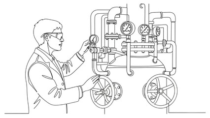Continuous black outline art of chemical engineer inspecting gauges and valves on chemical reactor, industrial process illustration