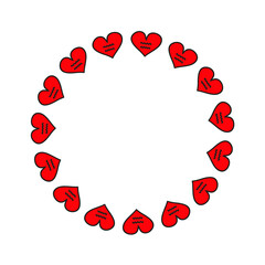 Cute round frame with doodle Valentine heart shaped cards isolated on white background.