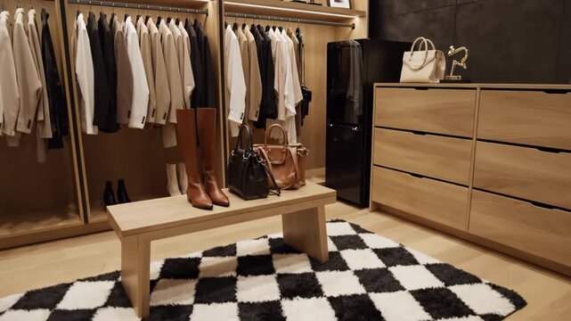 Luxurious walkin closet interior with organized clothing, designer handbags, and modern shelving with warm lighting