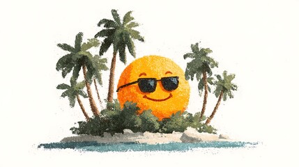 Bright cartoon sun resting near palm trees high resolution photo