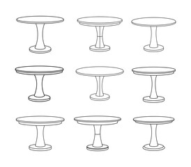 Line art collection of round pedestal tables, vector illustration
