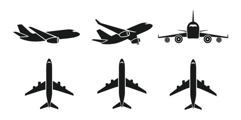Airplane silhouette, aircraft jet travel flight transportation vector icon set