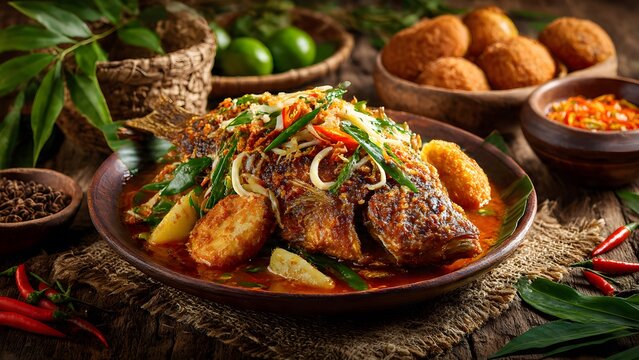 Authentic whole fish stew, richly simmered with aromatic spices, fresh herbs, and tender potatoes, beautifully presented in a rustic setting for a delightful culinary experience