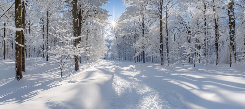 Serene winter forest pathway bathed in sunlight, surrounded by snow covered trees - Powered by Adobe