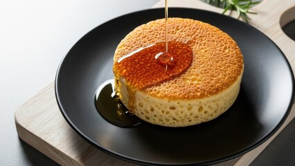 Thick fluffy japanese souffl pancake being drizzled with golden maple syrup on a black plate