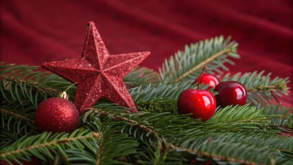 A festive christmas arrangement featuring a red star, ornaments, and cherries nestled among lush green pine branches against a rich red velvet backdrop