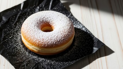 A single sugared donut dusted with powdered sugar resting on dark crumpled paper