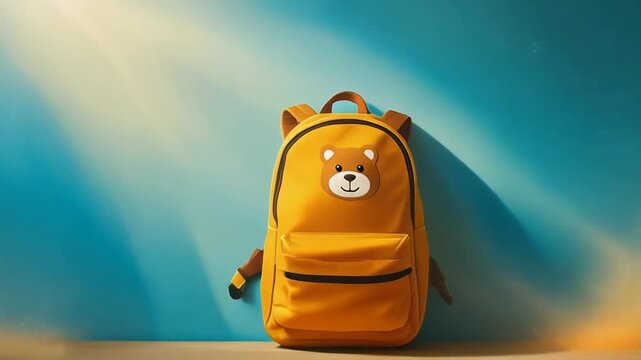 Cute Yellow Backpack with Bear Face Design on Blue Background.
