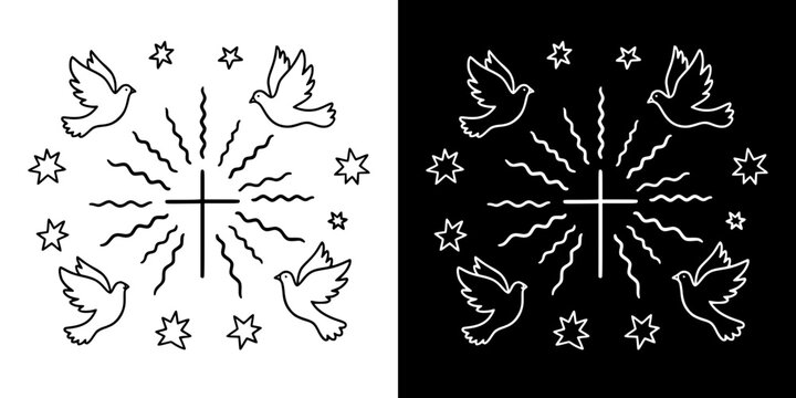 Light of the Holy Spirit with doves and cross on artistic background, isolated vector image, two versions on transparent and black backgrounds, pencil drawing, chalk drawing
  