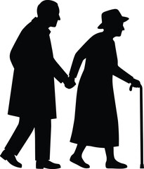 Silhouette of caregiver assisting an elderly woman with a cane, holding hands and walking, symbolizing support, care, and family.