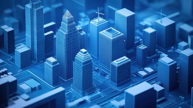 Blue isometric digital cityscape with skyscrapers and buildings, futuristic urban architecture technology background concept