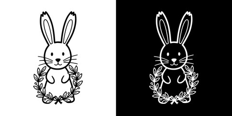 Obraz premium Rabbit with floral wreath, isolated vector image, two versions on transparent and black backgrounds, pencil drawing, chalk drawing 