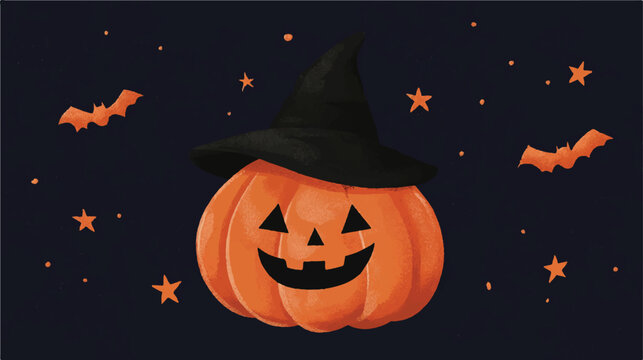 Whimsical Halloween Pumpkin Wearing a Witch Hat Illustration against Night Sky