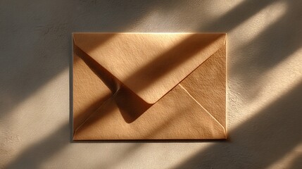 Golden hour light highlighting a kraft paper envelope on textured surface for announcements or invitations, evoking anticipation and thoughtfulness