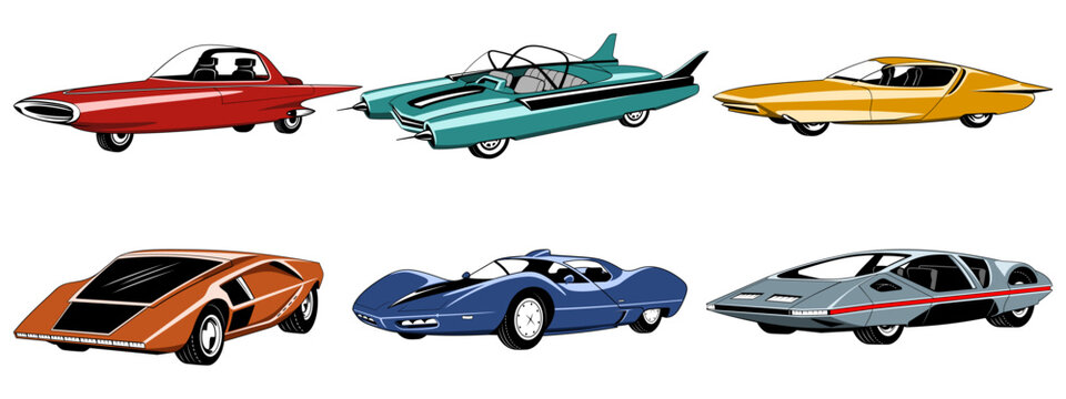 Vintage Futuristic Cars, Color vector cliparts isolated on white.