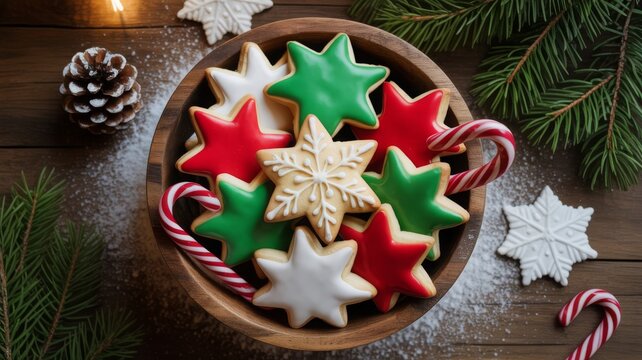 Editorial Christmas dessert flatlay featuring a wooden bowl of red and green cookies, surrounded by holly leaves, white snowflakes, and warm seasonal textures.