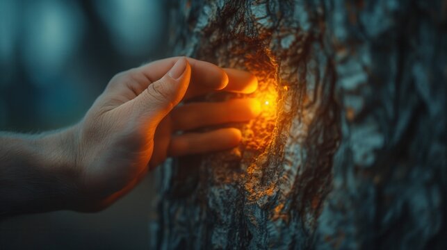 hand touching mysterious glowing light in tree trunk in dark forest
