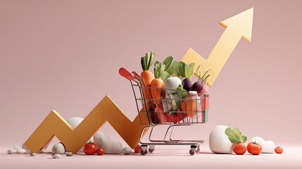 Grocery prices soaring upward trend concept with produce in shopping cart, indicating food inflation and rising costs for consumers everywhere