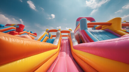 Low angle view of a colorful inflatable obstacle course under a cloudy blue sky