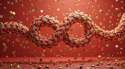 Intricate red and gold wrapped rope against falling coins on vibrant background
