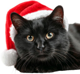 black cat with red christmas santa hat isolated on white/transparent