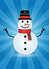 winter snowman vector illustration with blue radial background, cheerful holiday character wearing scarf and hat, festive season design for Christmas and winter themes