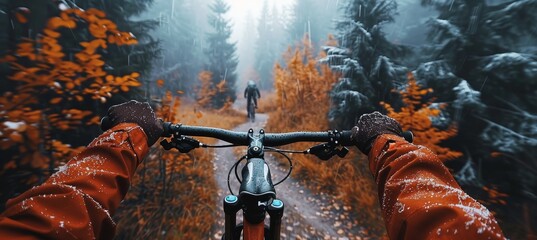 Cyclist navigating a vibrant forest trail amidst autumn s colorful foliage in nature s embrace