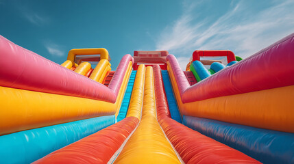 Low angle view of a large inflatable slide with multiple lanes under a blue sky
