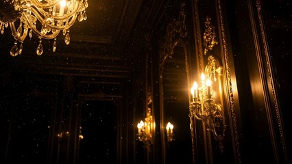 Elegant crystal chandeliers casting warm golden light in a dark room