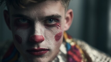 The young male clown exudes a mix of eerie charm and theatrical flair, dressed in a colorful outfit that captures attention. His expressive presence resonates within the dimly lit
