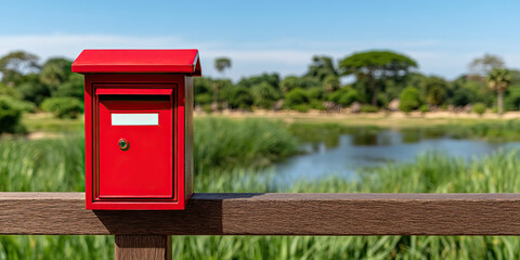 Red mailbox on wooden bridge railing over pond with green reeds and distant trees on sunny day, tranquil outdoor scene with shallow depth of field and vibrant color