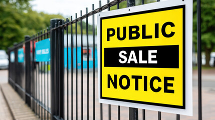 Public sale notice sign on metal fence by roadside advertising outdoor sale with bold yellow black design creating urgent promotional mood