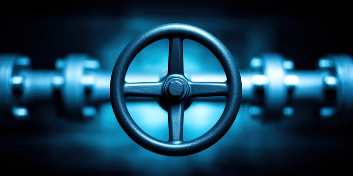 Metal valve wheel pipeline industrial pipe blue lighting steam system metal rim close up rim light flange control wheel - Powered by Adobe