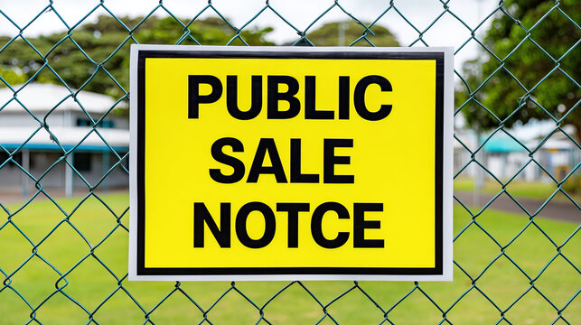 Public sale notice sign on yellow board attached to chain link fence at outdoor facility, bold black text attracts attention and conveys announcement to passersby