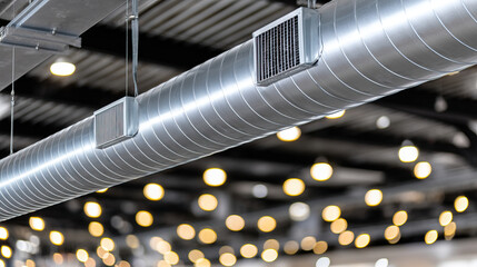 Silver insulated ductwork with vents and suspended hangers in industrial ceiling bokeh lighting, conveying cool mechanical ventilation and modern HVAC system in facility