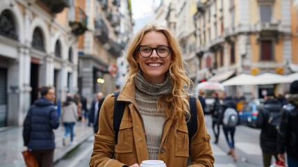 Fototapeta premium Cheerful woman with smartphone and coffee on bustling city street embracing urban lifestyle in style