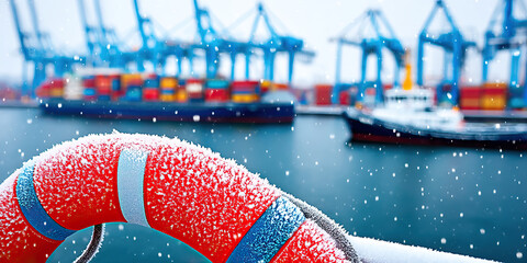 Frosted lifebuoy on railing by snowy harbor with container ship and cranes in background evoking cold maritime safety scene