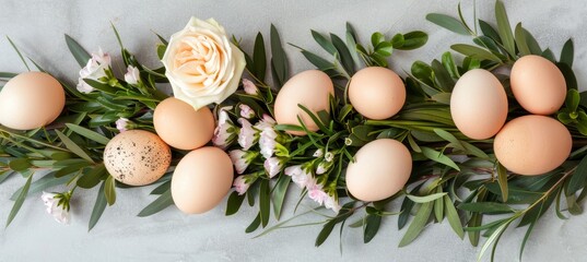 Cheerful easter setup featuring pastel eggs, flowers, and a wooden table in soft daylight