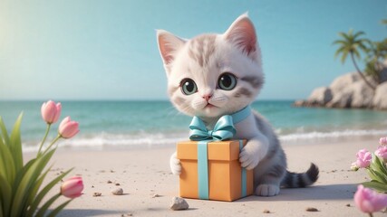 3D Cartoon Cat with Gift