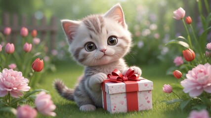 3D Cartoon Cat with Gift