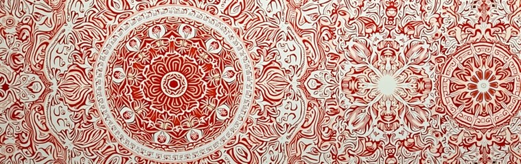 Intricate red and white abstract mandala pattern with floral motifs