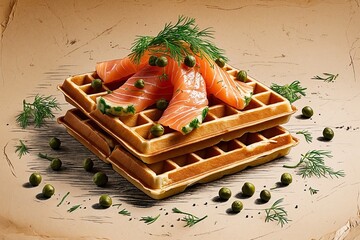 Waffle Topped with Smoked Salmon