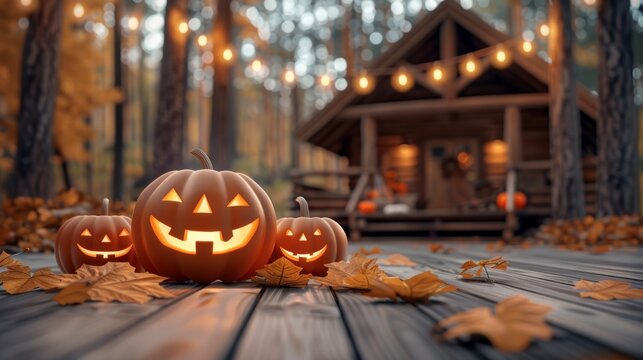Charming halloween evening with illuminated jack o  lanterns on the porch and cozy ambient lighting