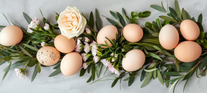 Cheerful easter setup featuring pastel eggs, flowers, and a wooden table in soft daylight - Powered by Adobe